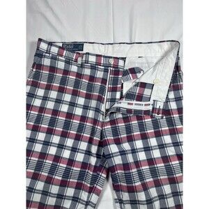 Polo Ralph Lauren Mens Shorts 35 Plaid Chino Maroon Navy Blue Cotton